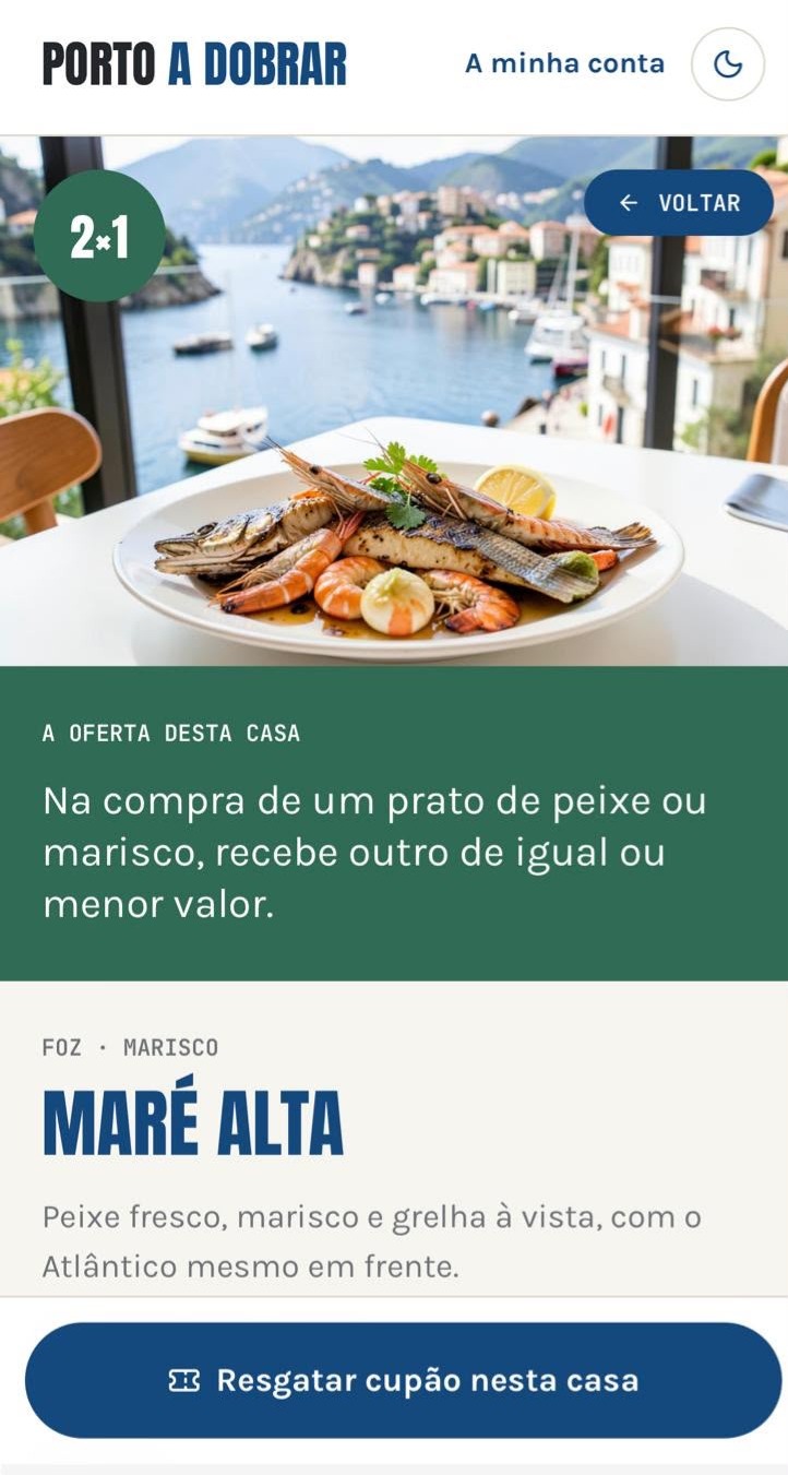 Ficha do restaurante com a oferta em destaque e o botão para resgatar o cupão