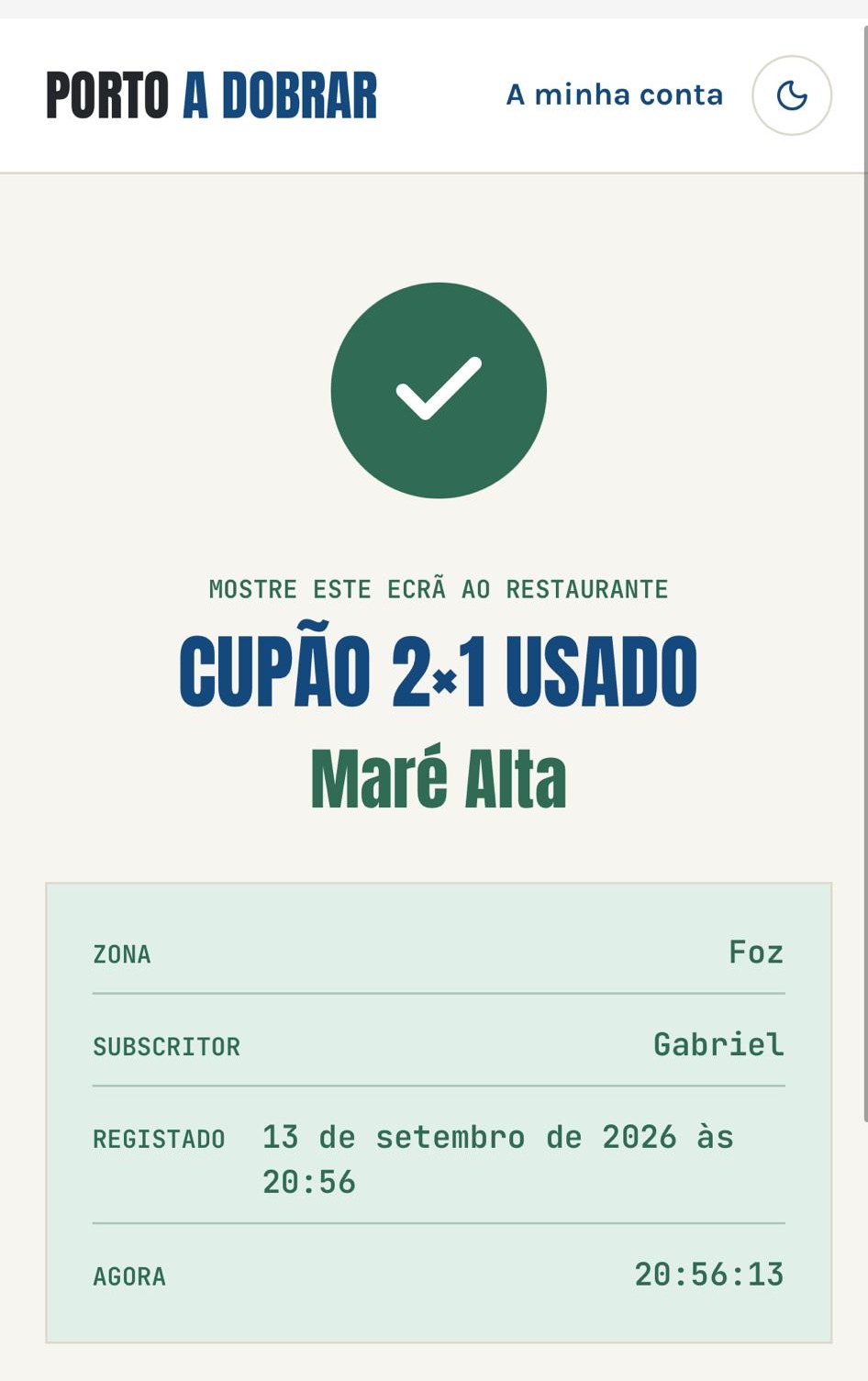 Ecrã de confirmação do cupão 2×1 usado para mostrar ao restaurante